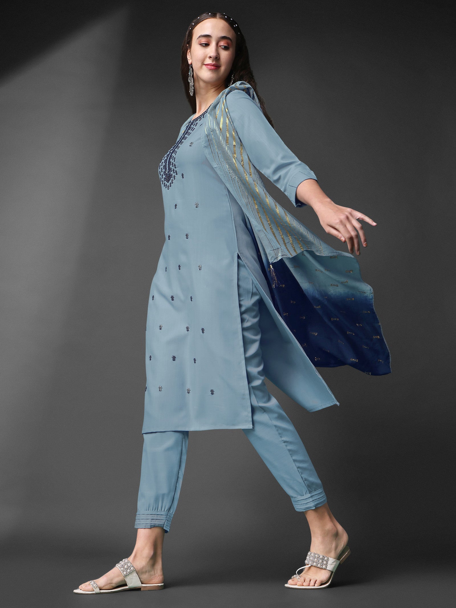 Sky Blue Rayon Slub Round Shape Embroidery Worked Kurta Set Dropshipera