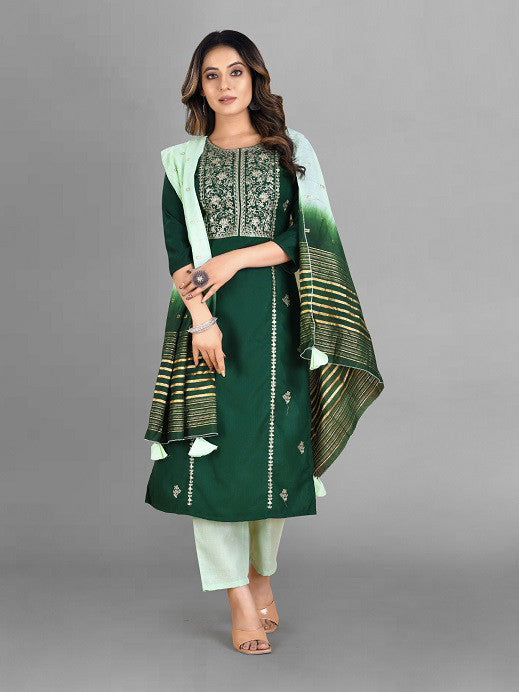 Green Party Wear Embroidery Worked Kurta With Pant And Duppata Set Dropshipera