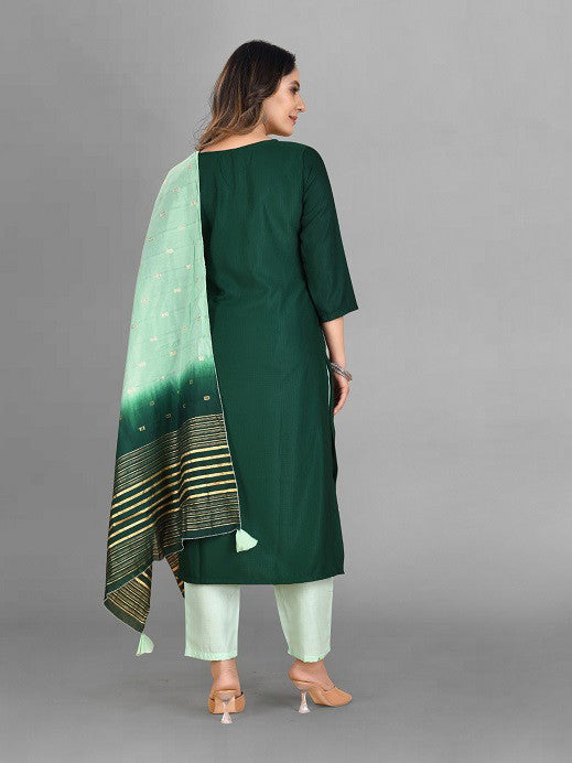 Green Party Wear Embroidery Worked Kurta With Pant And Duppata Set Dropshipera