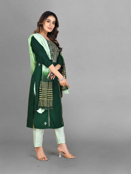 Green Party Wear Embroidery Worked Kurta With Pant And Duppata Set Dropshipera