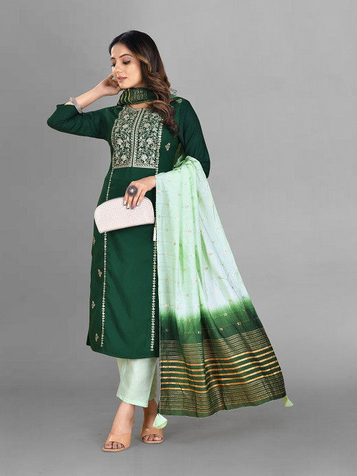 Green Party Wear Embroidery Worked Kurta With Pant And Duppata Set Dropshipera
