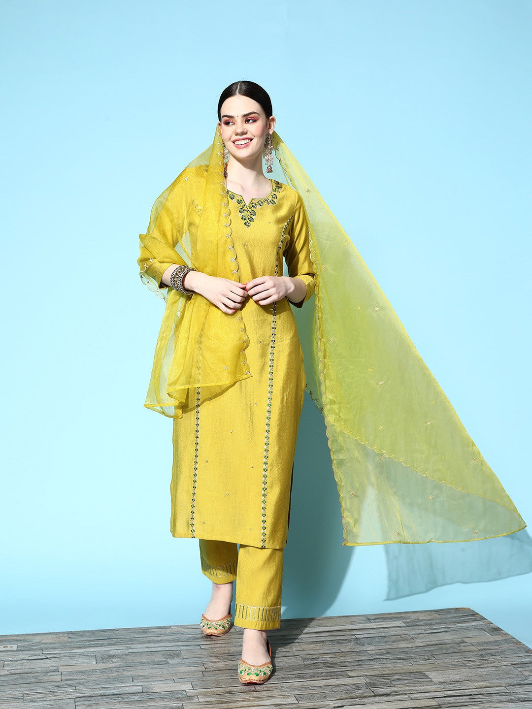 Lemon Party Wear Embroidery Worked Kurta With Pant And Duppata Set Dropshipera