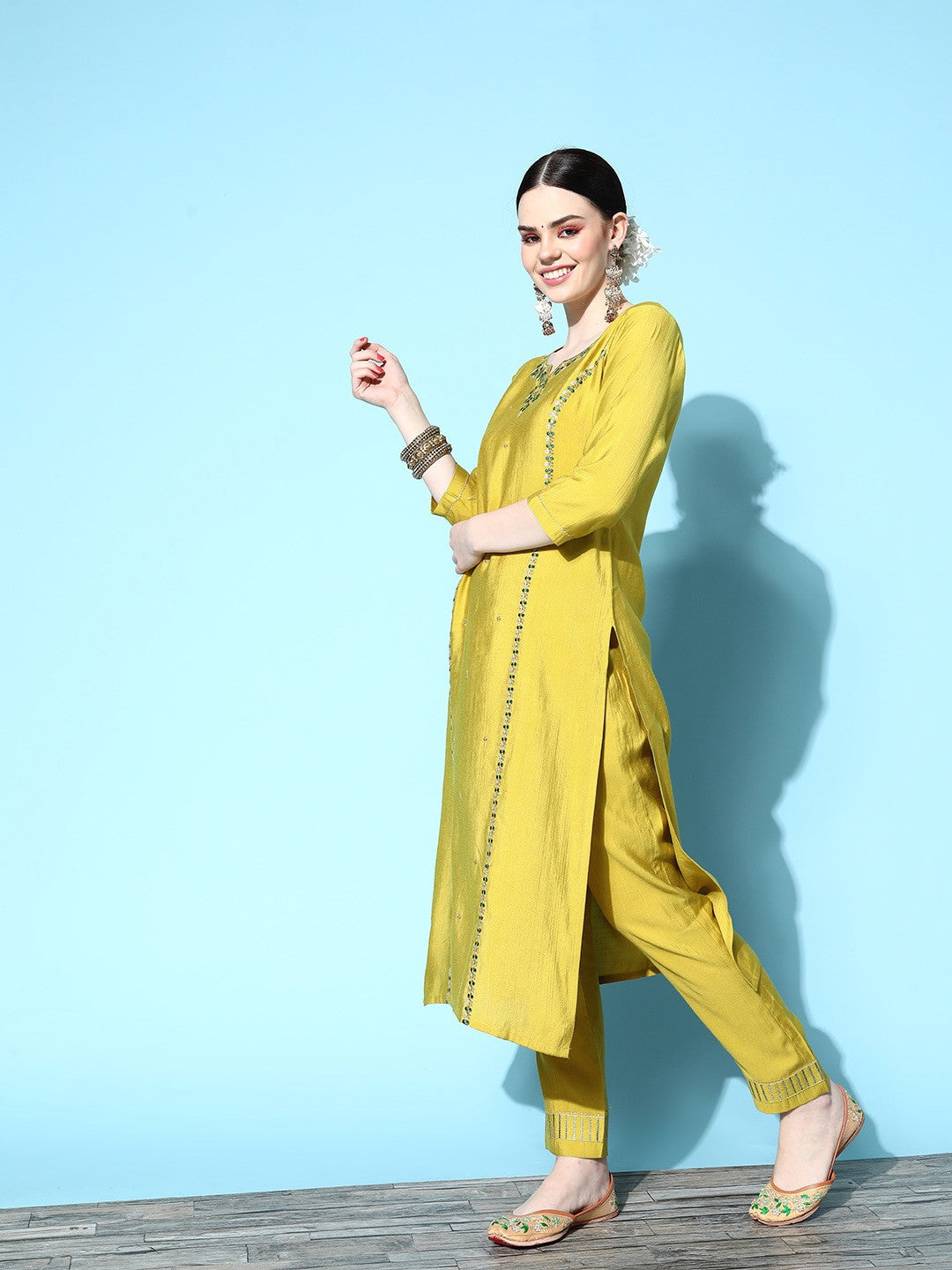 Lemon Party Wear Embroidery Worked Kurta With Pant And Duppata Set Dropshipera