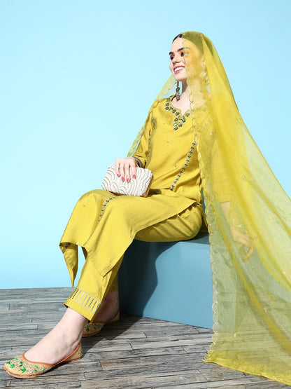 Lemon Party Wear Embroidery Worked Kurta With Pant And Duppata Set Dropshipera