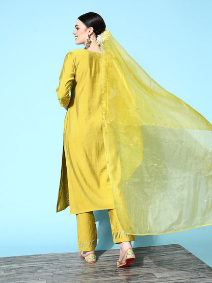 Lemon Party Wear Embroidery Worked Kurta With Pant And Duppata Set Dropshipera