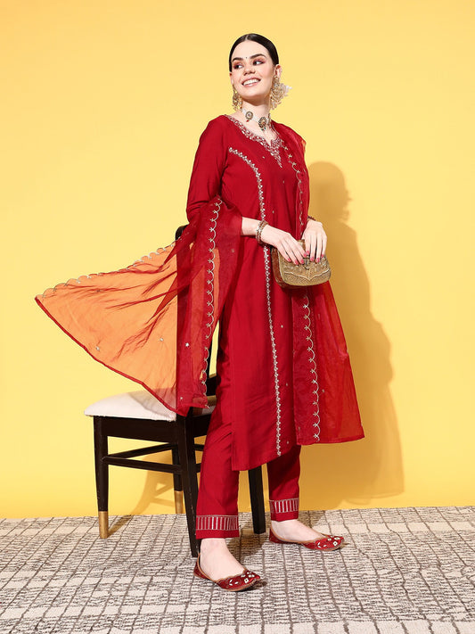 Red Party Wear Embroidery Worked Kurta With Pant And Duppata Set Dropshipera