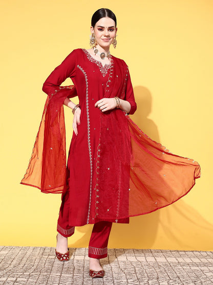 Red Party Wear Embroidery Worked Kurta With Pant And Duppata Set Dropshipera