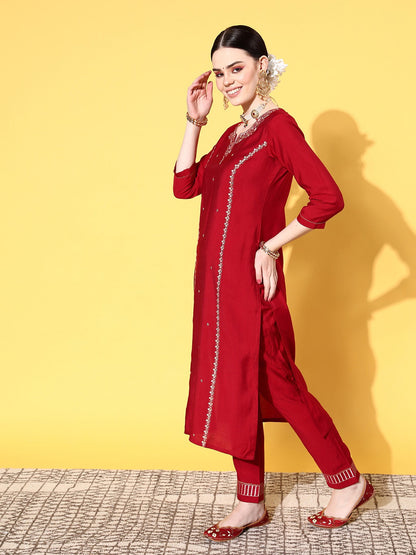 Red Party Wear Embroidery Worked Kurta With Pant And Duppata Set Dropshipera