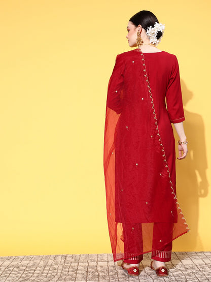 Red Party Wear Embroidery Worked Kurta With Pant And Duppata Set Dropshipera