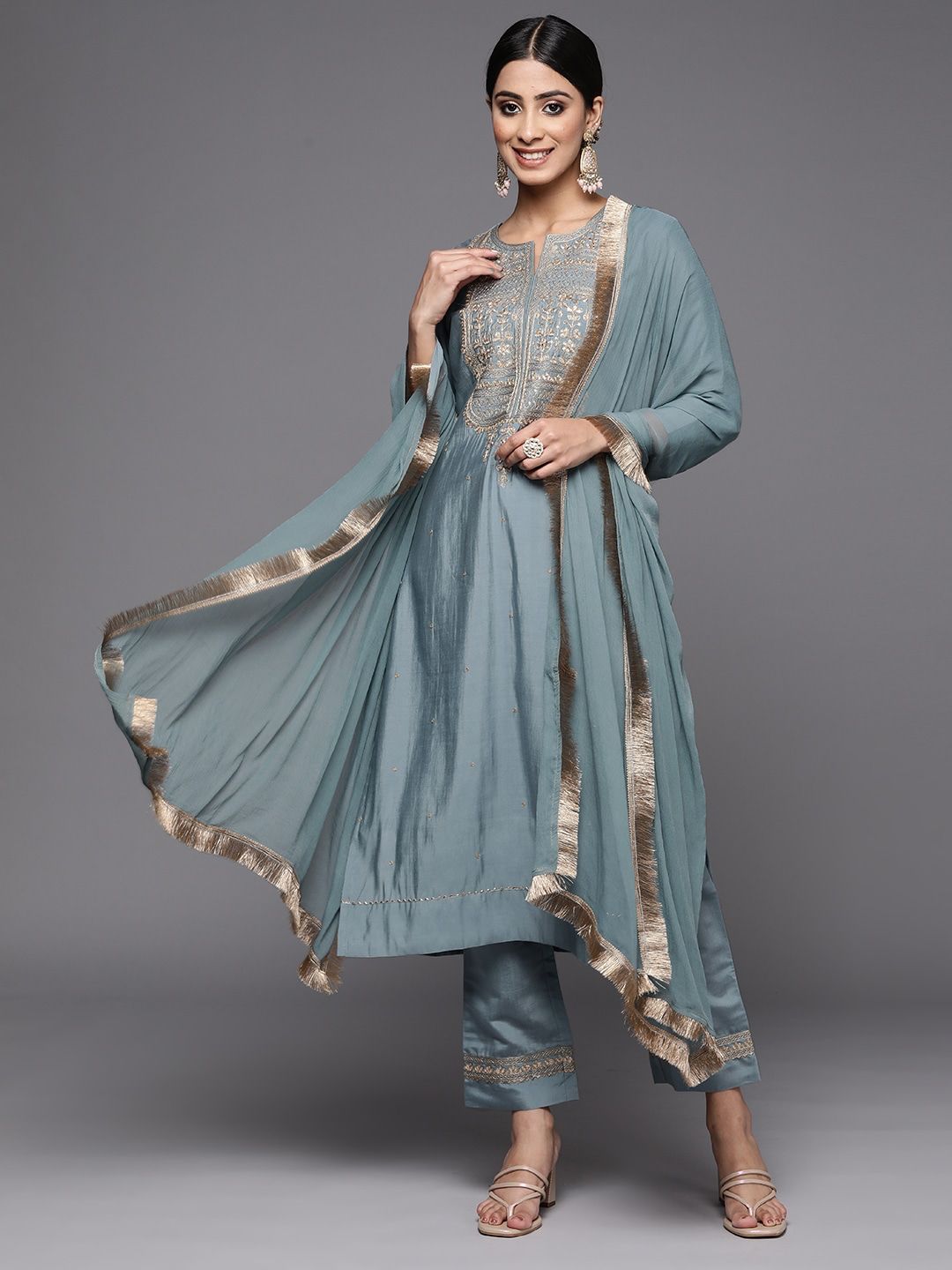 Grey Viscose Chanderi Party Wear Embroidery Worked Kurta With Pant And Duppata Set Dropshipera