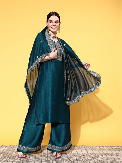 Pestal Green Party Wear Embroidery Worked Kurta With Pant And Duppata Set Dropshipera