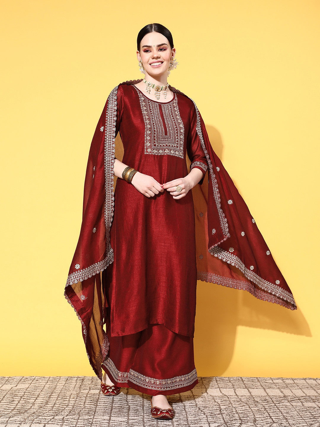 Red Party Wear Embroidery Worked Kurta With Pant And Duppata Set Dropshipera