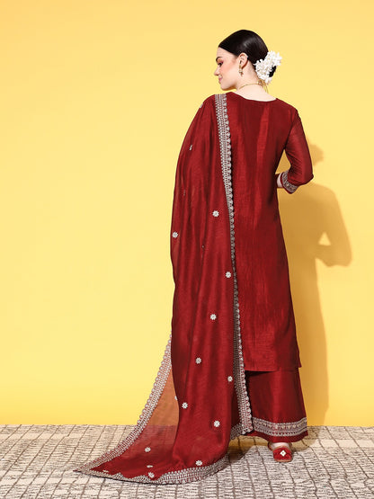 Red Party Wear Embroidery Worked Kurta With Pant And Duppata Set Dropshipera