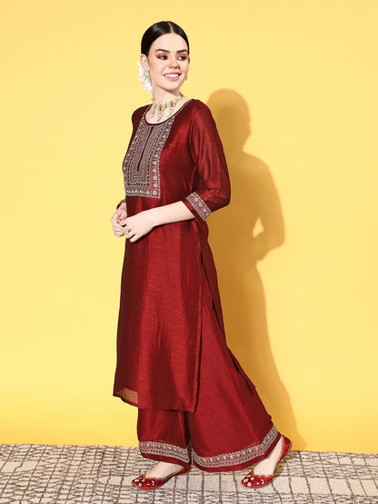 Red Party Wear Embroidery Worked Kurta With Pant And Duppata Set Dropshipera