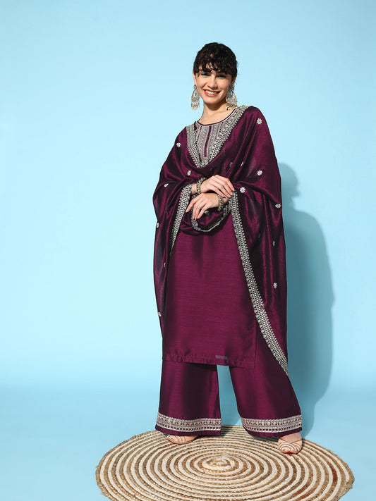 Purple Party Wear Embroidery Worked Kurta With Pant And Duppata Set Dropshipera