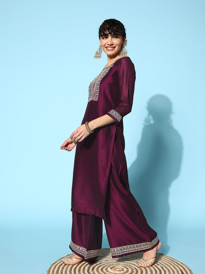 Purple Party Wear Embroidery Worked Kurta With Pant And Duppata Set Dropshipera