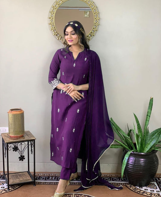 Blue Party Wear Embroidery Worked Kurta With Pant And Duppata Set Dropshipera