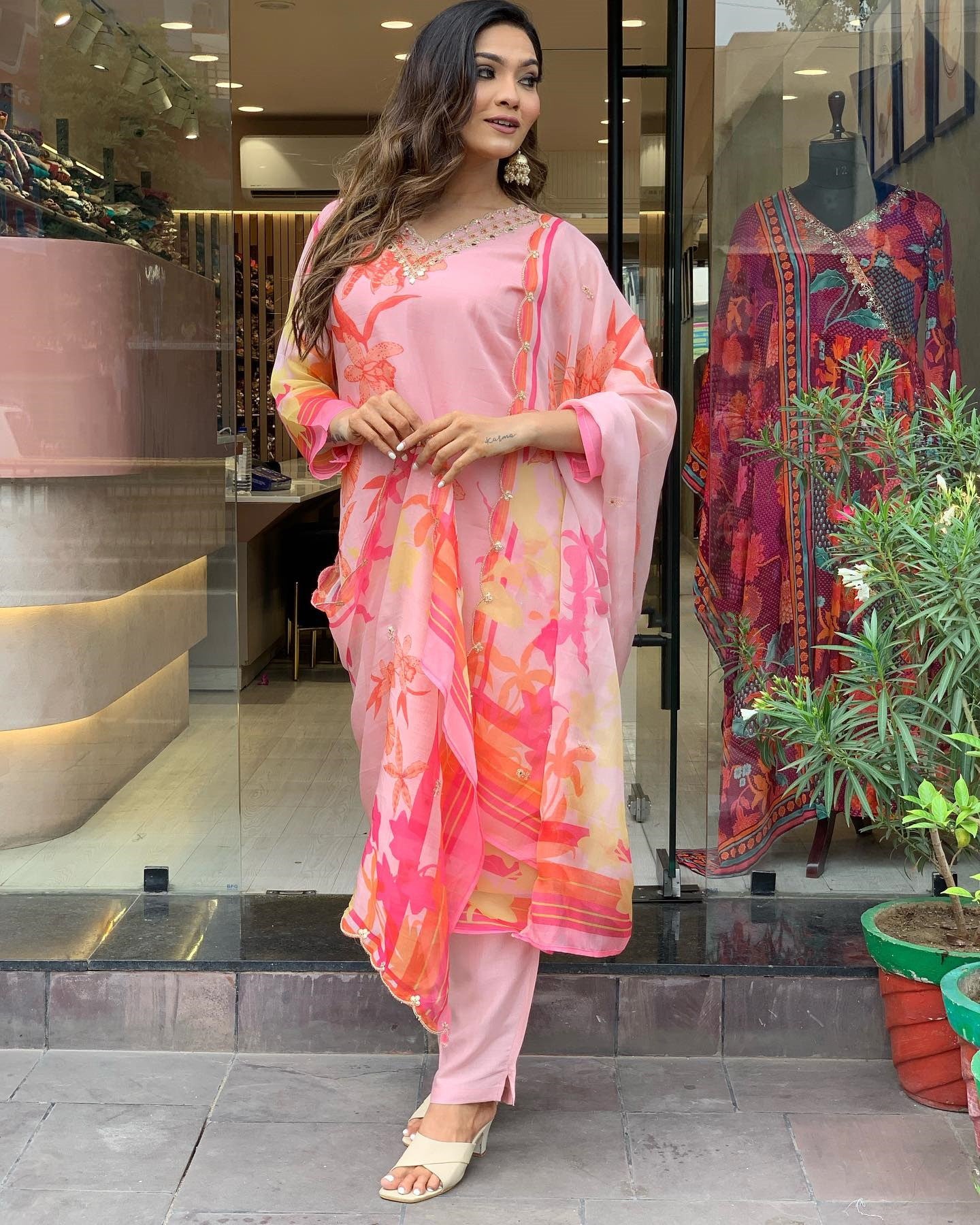 Pink Party Wear Embroidery Worked Kurta With Pant And Duppata Set Dropshipera