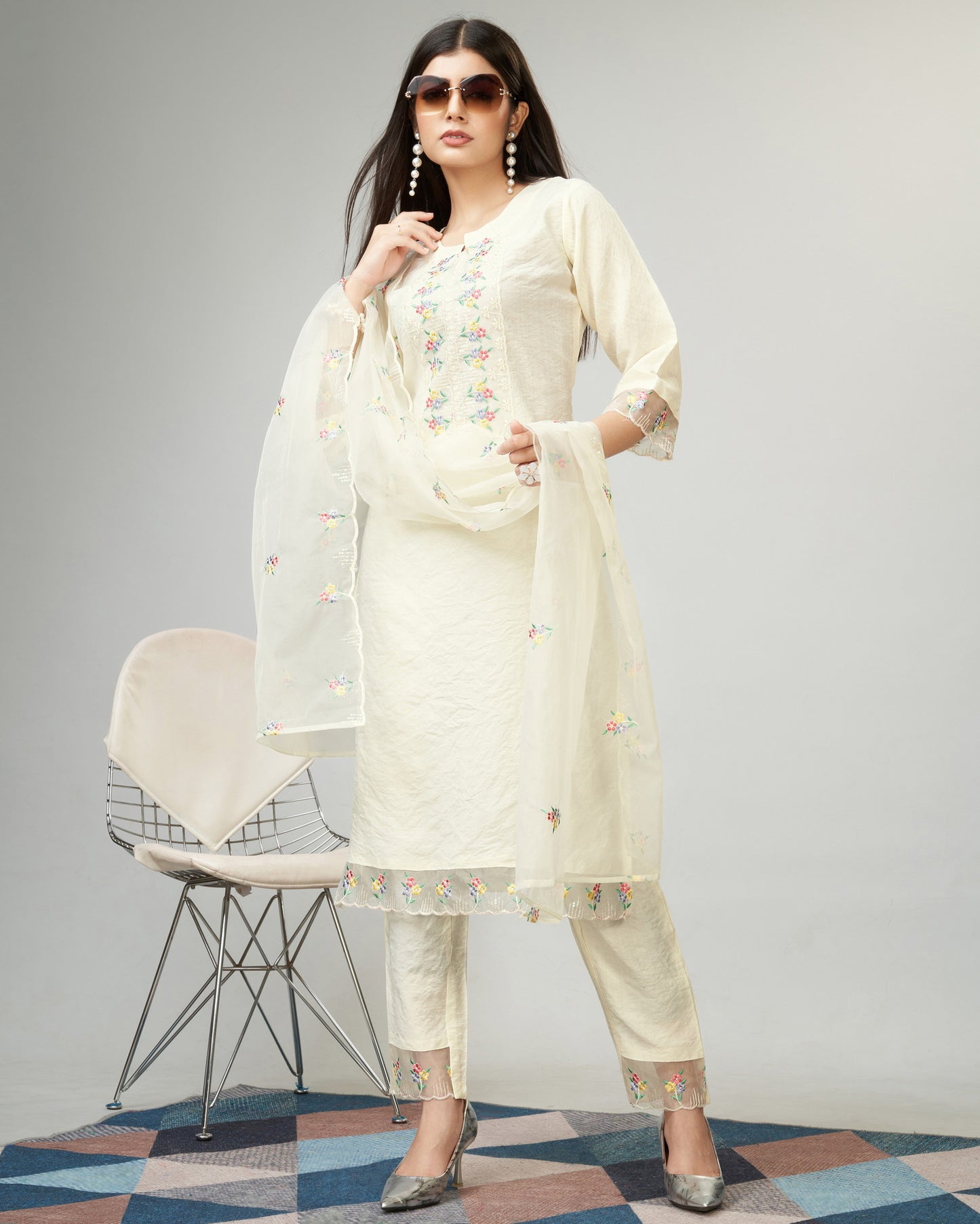 Off White Party Wear Embroidery Worked Kurta With Pant And Duppata Set Dropshipera