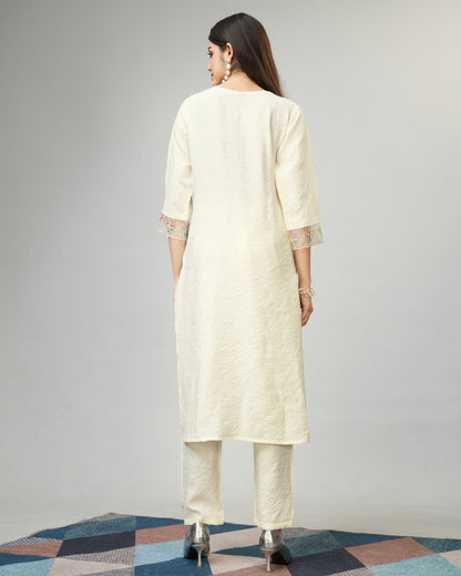 Off White Party Wear Embroidery Worked Kurta With Pant And Duppata Set Dropshipera