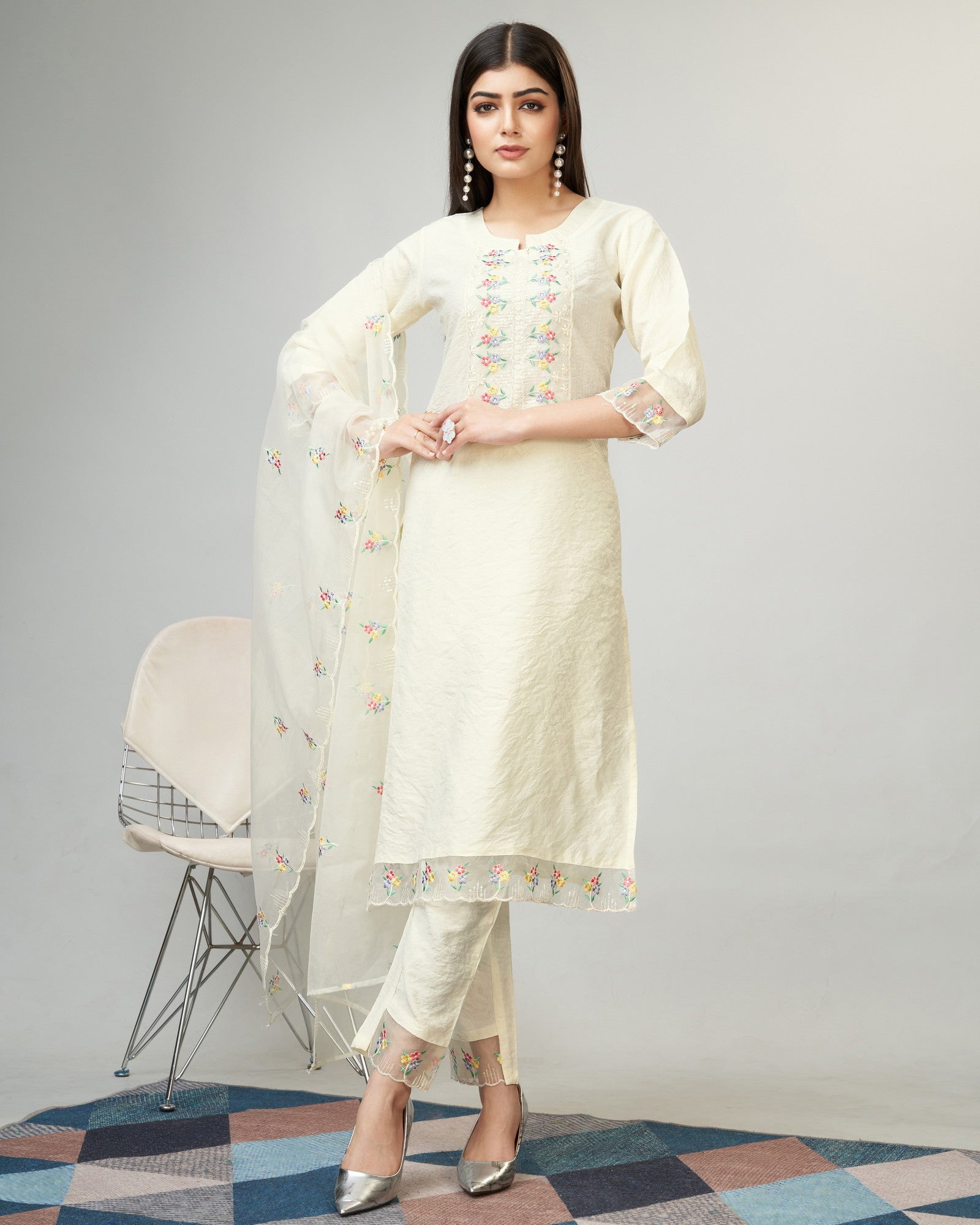 Off White Party Wear Embroidery Worked Kurta With Pant And Duppata Set Dropshipera