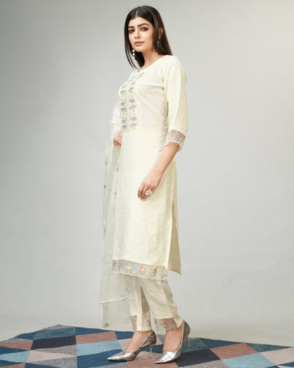 Off White Party Wear Embroidery Worked Kurta With Pant And Duppata Set Dropshipera