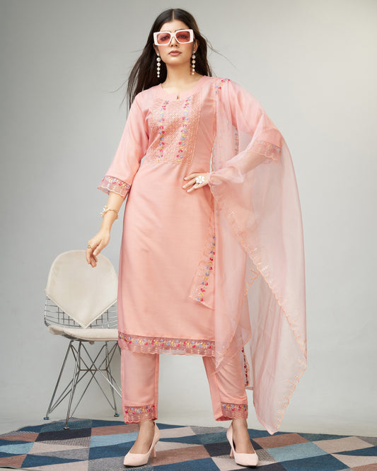 Peach Party Wear Embroidery Worked Kurta With Pant And Duppata Set Dropshipera