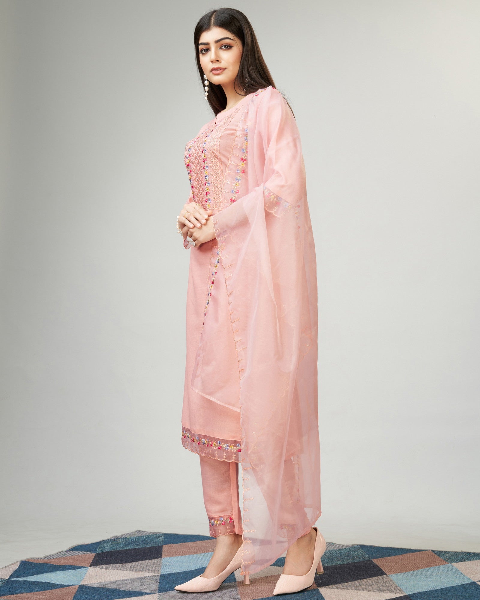 Peach Party Wear Embroidery Worked Kurta With Pant And Duppata Set Dropshipera