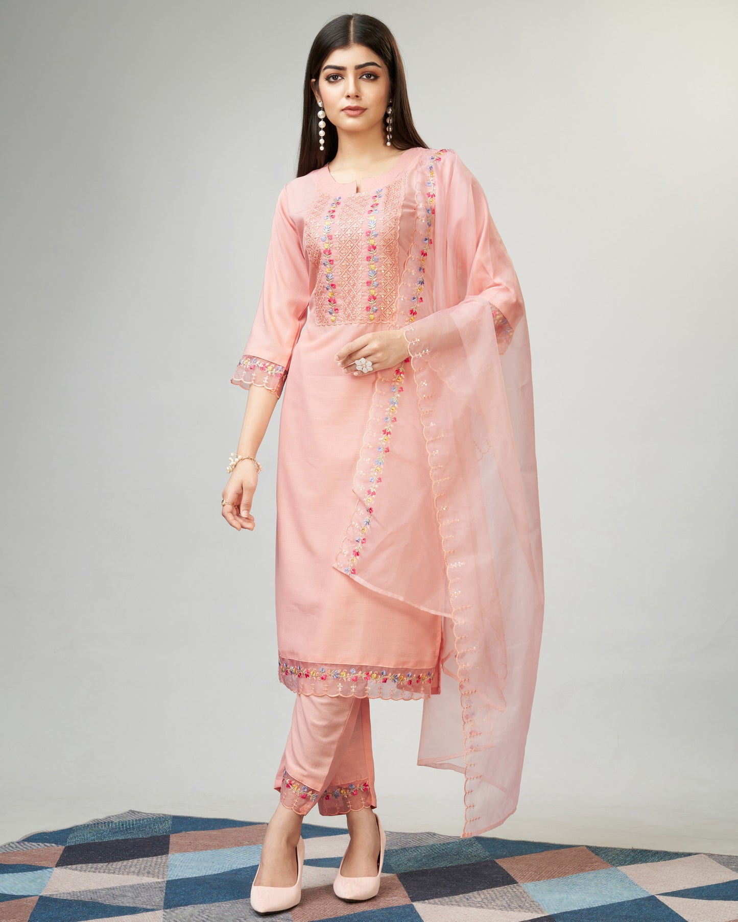 Peach Party Wear Embroidery Worked Kurta With Pant And Duppata Set Dropshipera