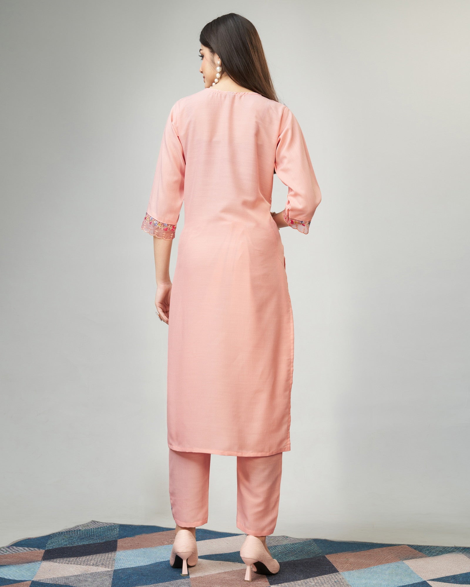 Peach Party Wear Embroidery Worked Kurta With Pant And Duppata Set Dropshipera