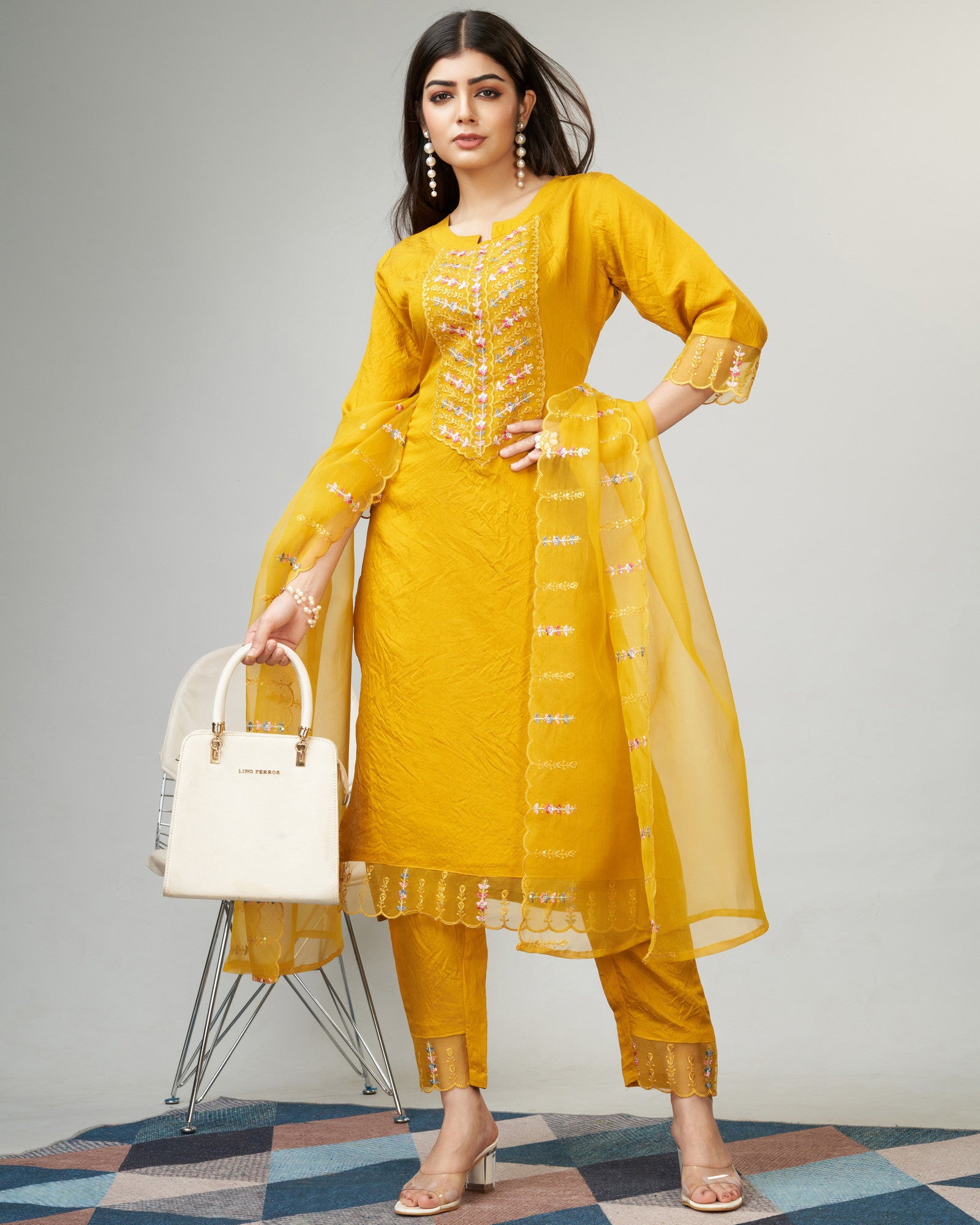 Yellow Party Wear Embroidery Worked Kurta With Pant And Duppata Set Dropshipera