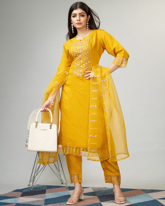 Yellow Party Wear Embroidery Worked Kurta With Pant And Duppata Set Dropshipera