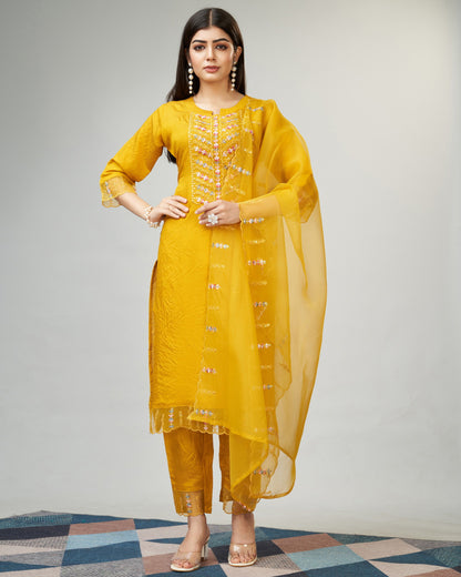 Yellow Party Wear Embroidery Worked Kurta With Pant And Duppata Set Dropshipera