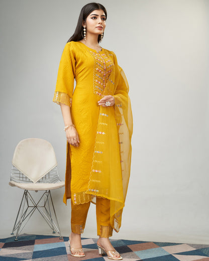 Yellow Party Wear Embroidery Worked Kurta With Pant And Duppata Set Dropshipera