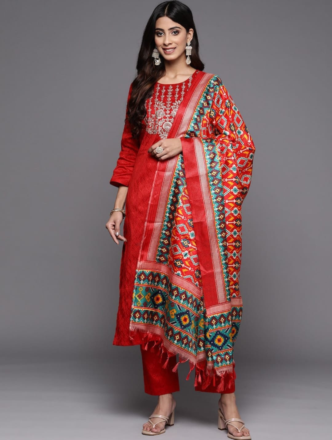 Red Party Wear Embroidery Worked Kurta With Pant And Duppata Set Dropshipera