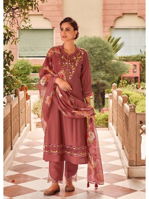 Peach Party Wear Embroidery Worked Kurta With Pant And Duppata Set Dropshipera