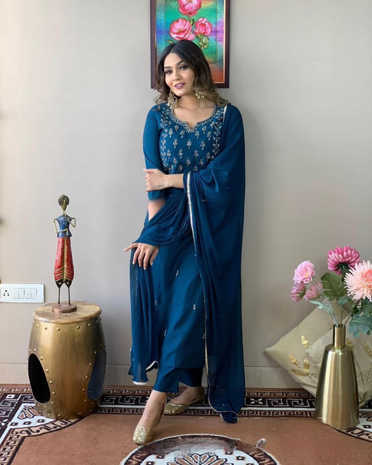 Blue Party Wear Embroidery Worked Kurta With Pant And Duppata Set Dropshipera