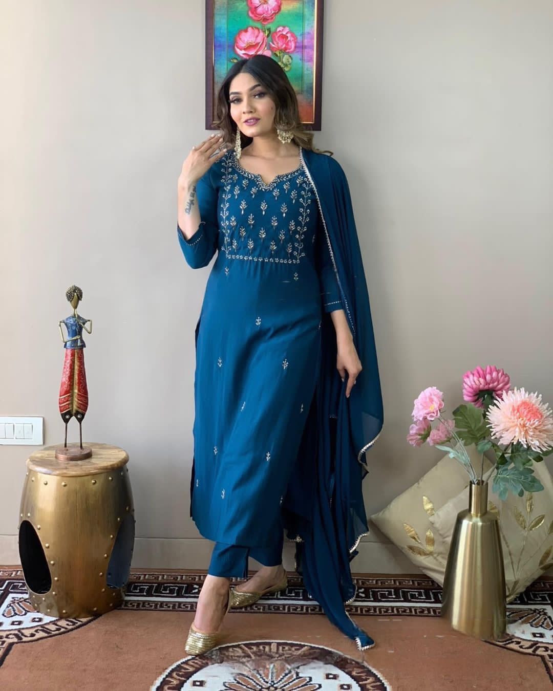 Blue Party Wear Embroidery Worked Kurta With Pant And Duppata Set Dropshipera