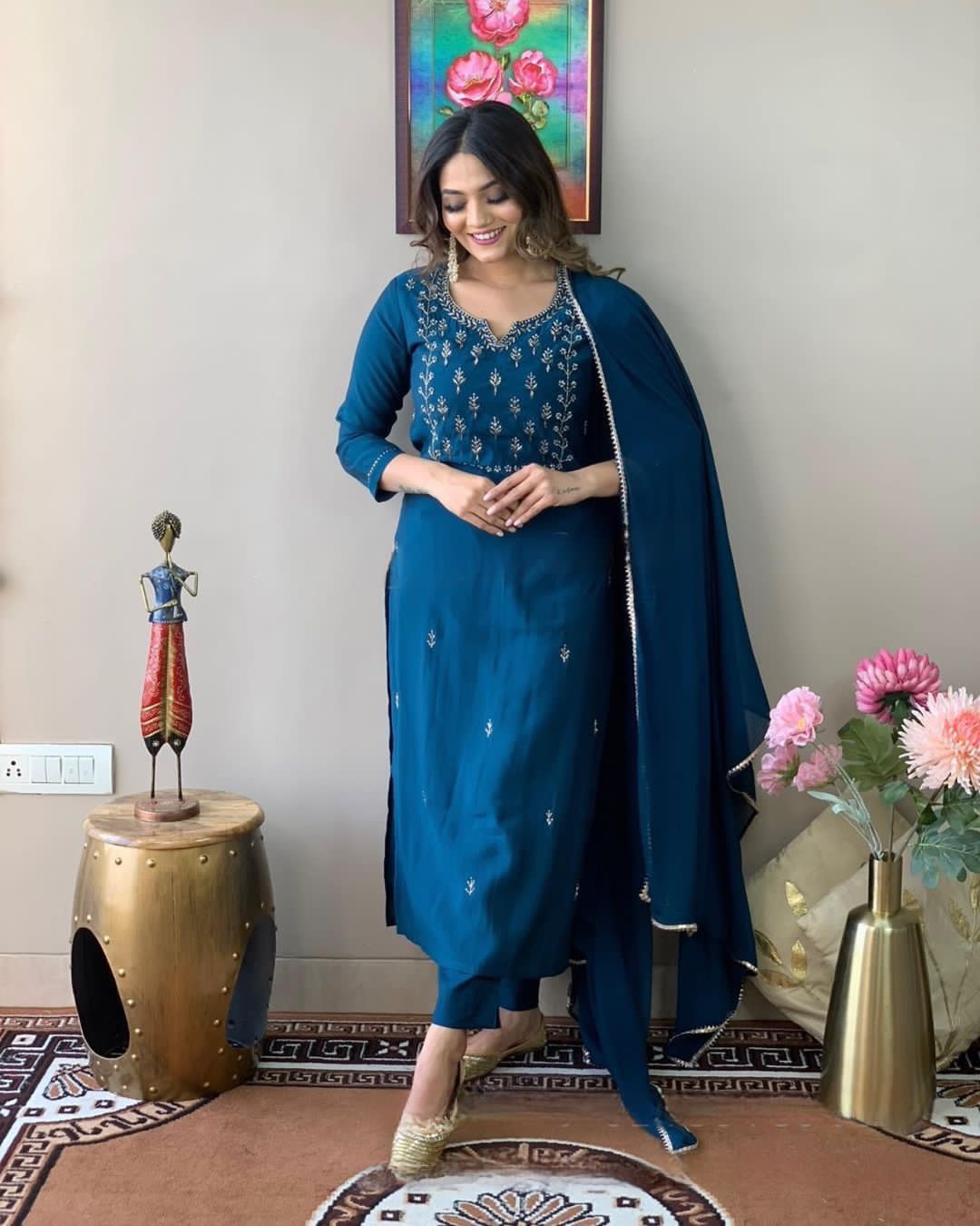 Blue Party Wear Embroidery Worked Kurta With Pant And Duppata Set Dropshipera