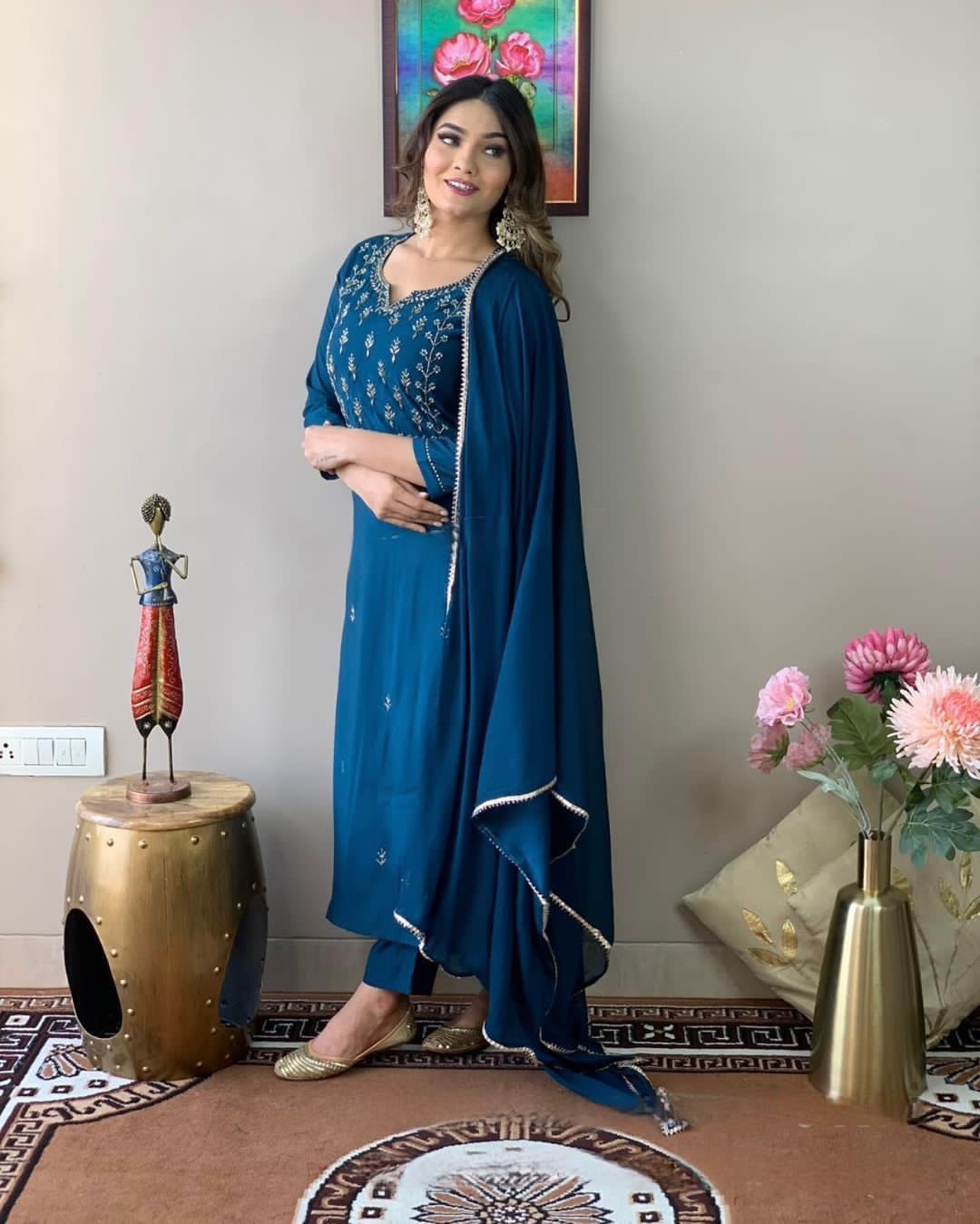 Blue Party Wear Embroidery Worked Kurta With Pant And Duppata Set Dropshipera