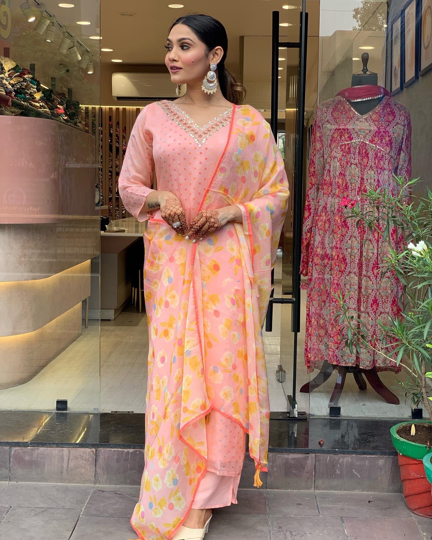 Peach Party Wear Embroidery Worked Kurta With Pant And Duppata Set Dropshipera