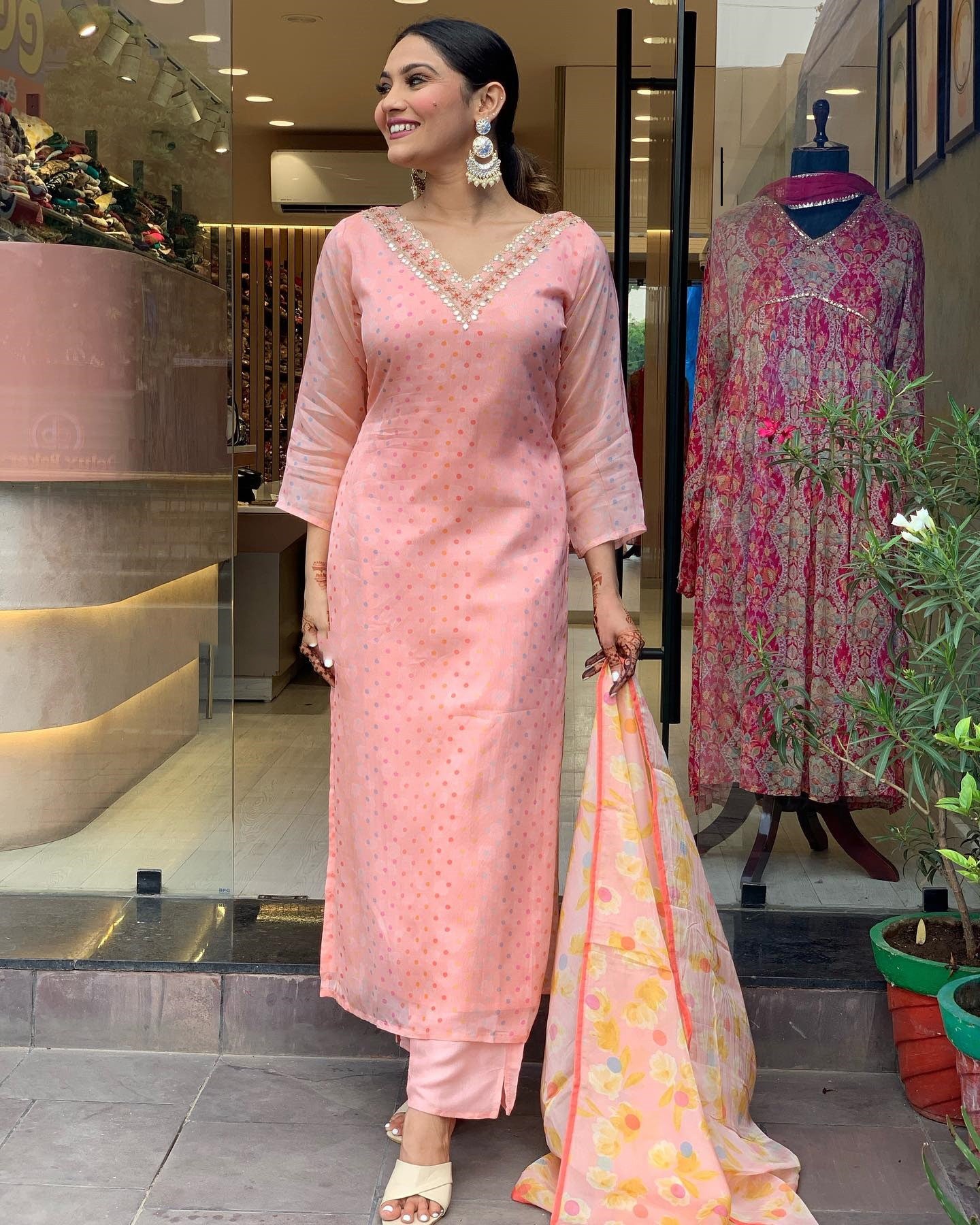 Peach Party Wear Embroidery Worked Kurta With Pant And Duppata Set Dropshipera