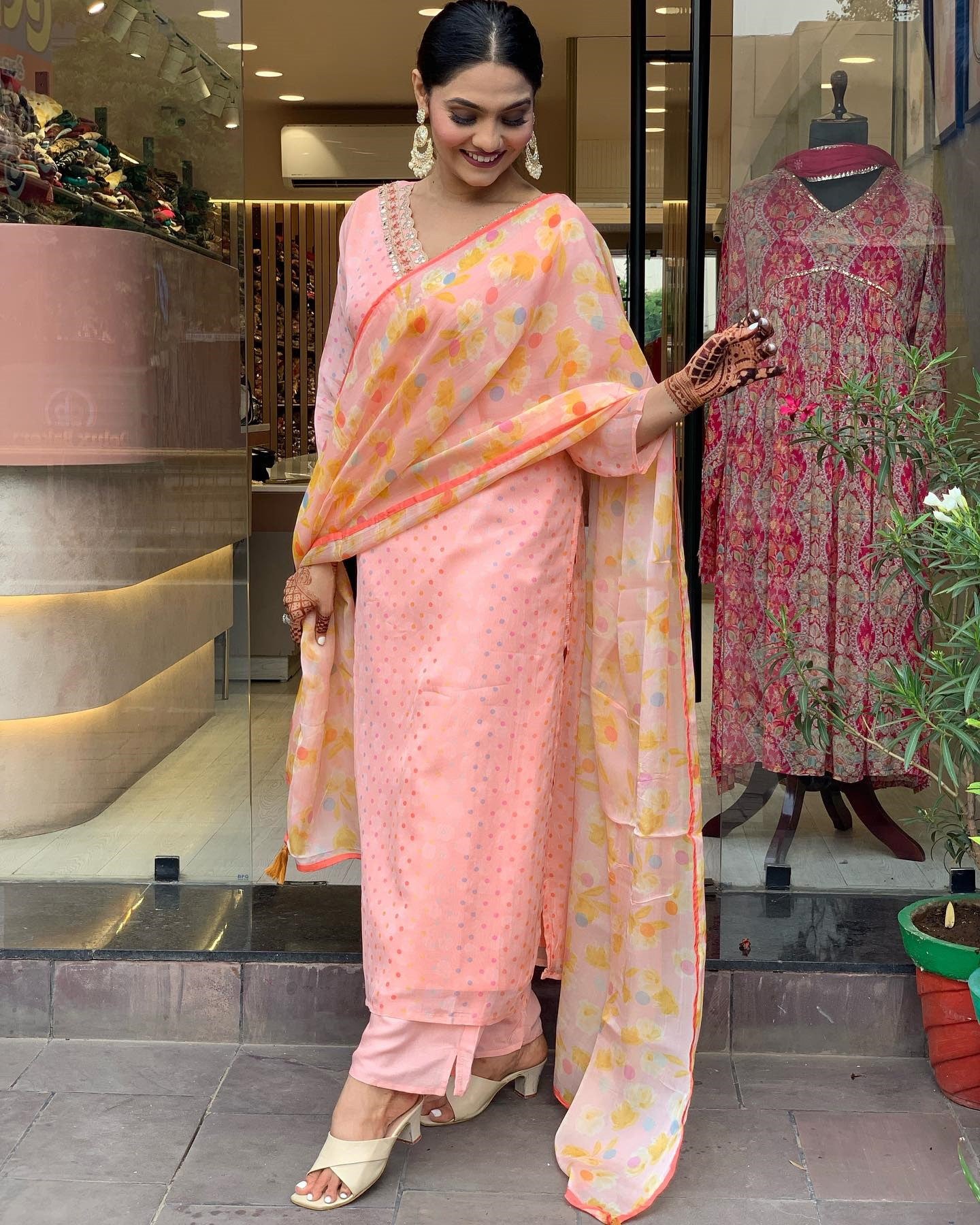 Peach Party Wear Embroidery Worked Kurta With Pant And Duppata Set Dropshipera