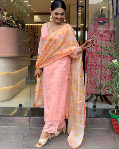 Peach Party Wear Embroidery Worked Kurta With Pant And Duppata Set Dropshipera