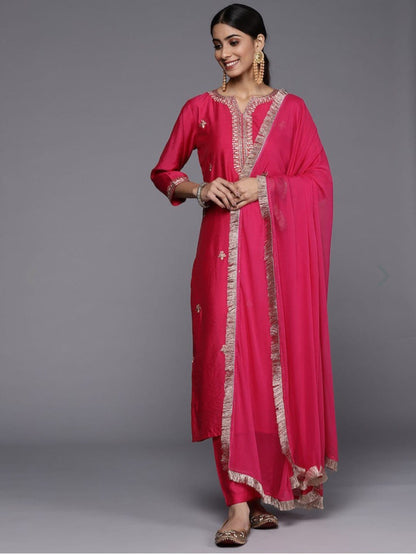 Red Party Wear Embroidery Worked Kurta With Pant And Duppata Set Dropshipera