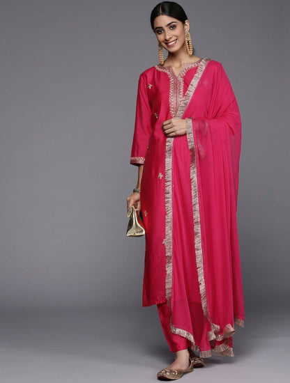 Red Party Wear Embroidery Worked Kurta With Pant And Duppata Set Dropshipera