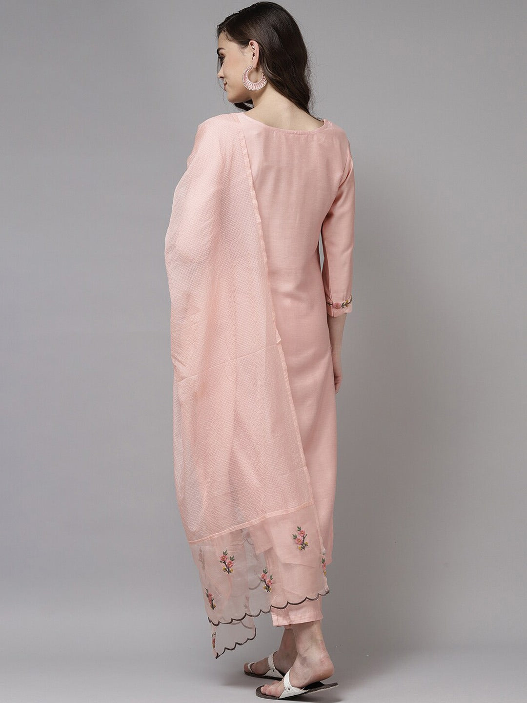 Peach Party Wear Embroidery Worked Kurta With Pant And Duppata Set Dropshipera