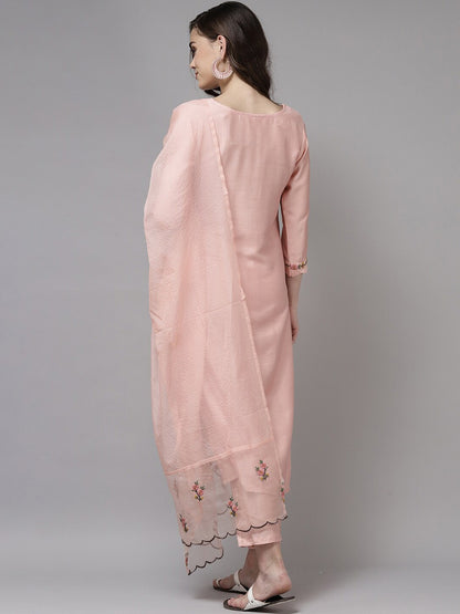 Peach Party Wear Embroidery Worked Kurta With Pant And Duppata Set Dropshipera