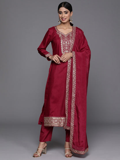 Marron Party Wear Embroidery Worked Kurta With Pant And Duppata Set Dropshipera