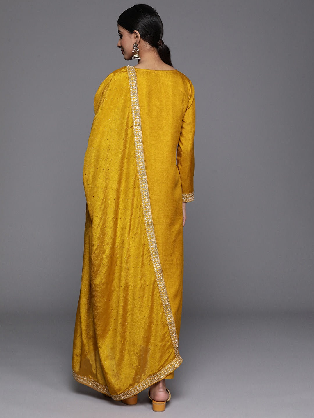 Yellow Party Wear Embroidery Worked Kurta With Pant And Duppata Set Dropshipera